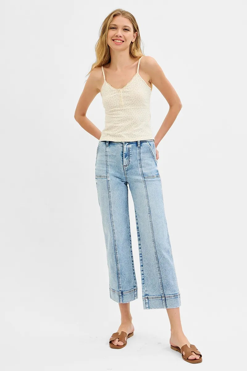RISEN Light Washed High Rise Crop Wide Front Seam Detailed Jeans
