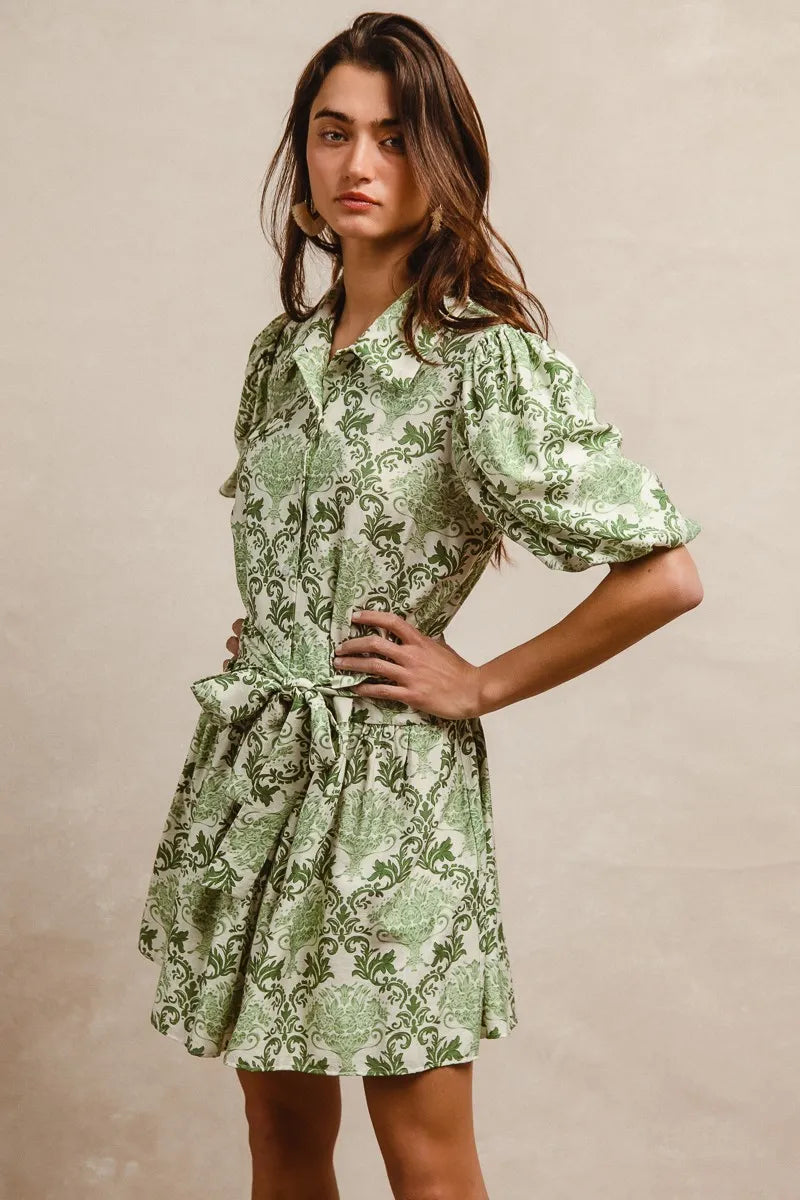 BiBi Tied Floral Short Sleeve Mini Shirt Dress in Green & Cream
