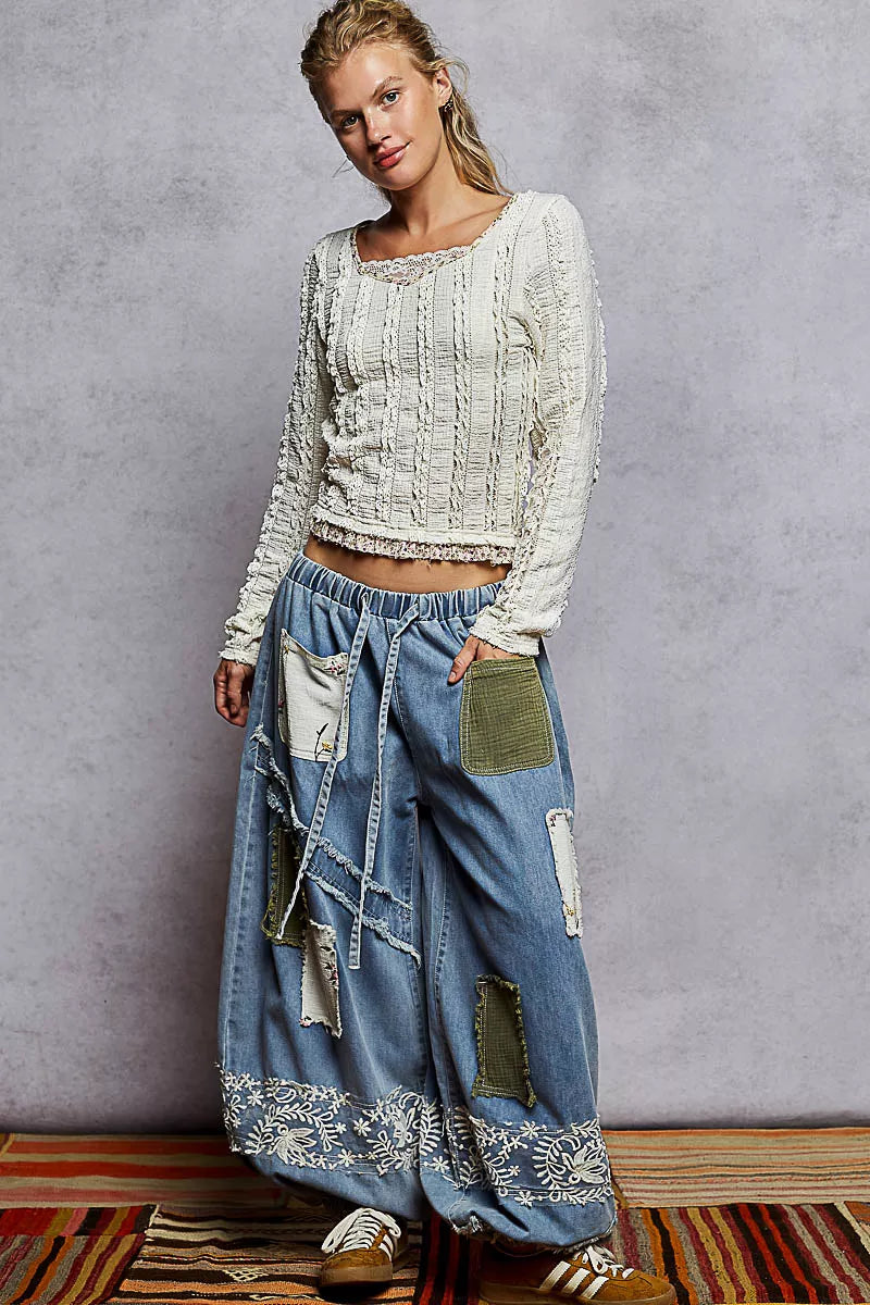 POL Cream Texture Long Sleeve Blouse with Floral Ruffled Details