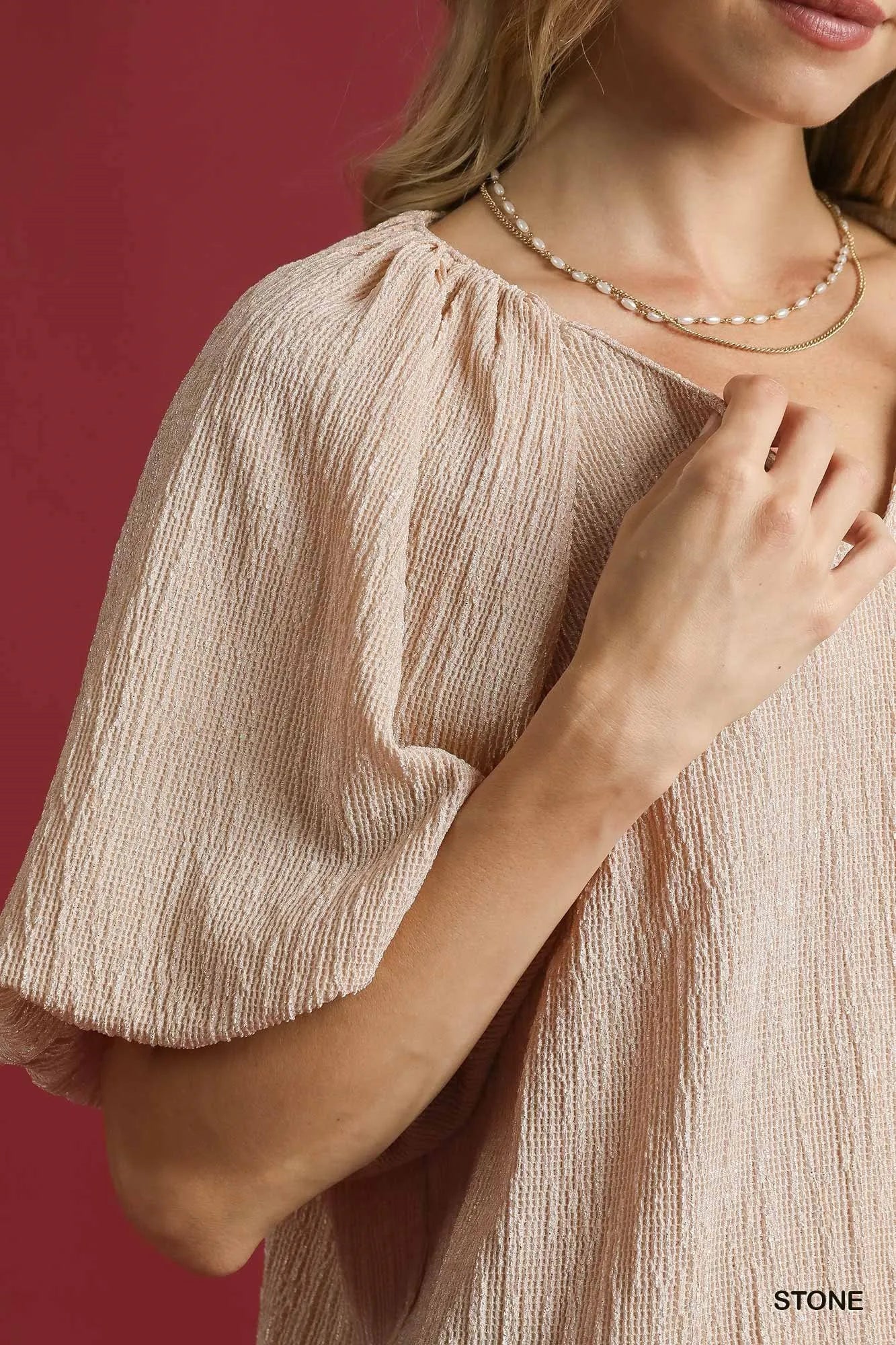 Umgee Textured Puff Sleeve Notched Blouse in Stone