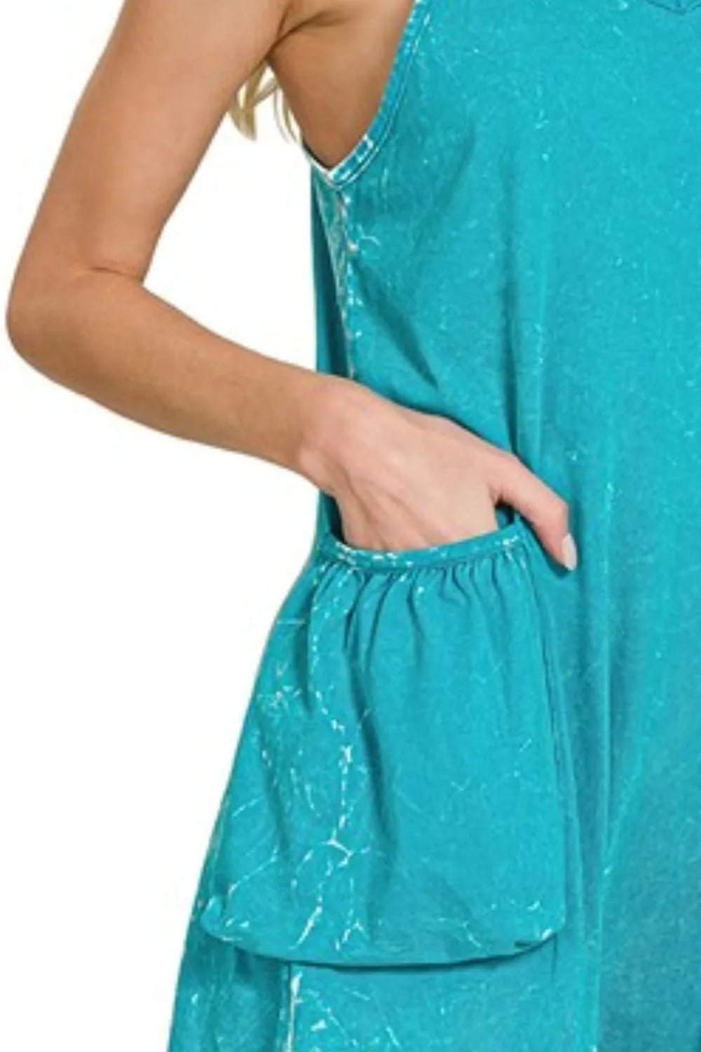 Zenana Light Teal Acid Crinkle Washed Spaghetti Strap Romper