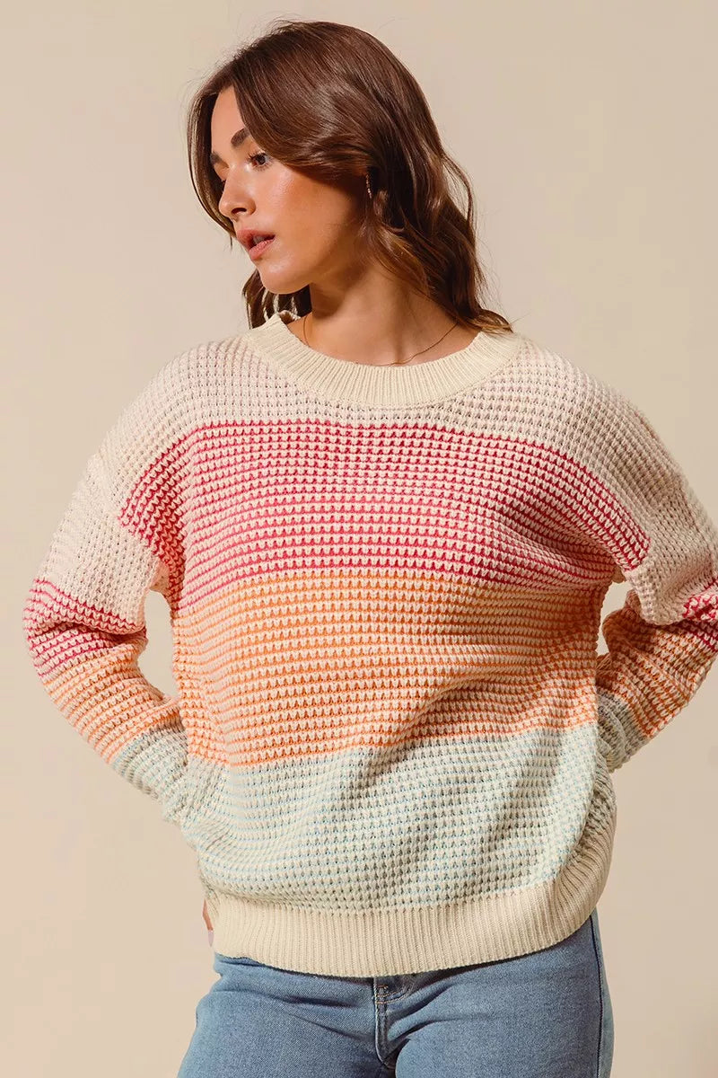 SO ME Oatmeal Combo Multi Color Block Long Sleeve Sweater