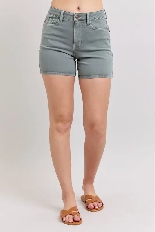 Judy Blue Stone Blue Hw Garment Dyed & Back Pkt Embroidery Shorts Plus Size