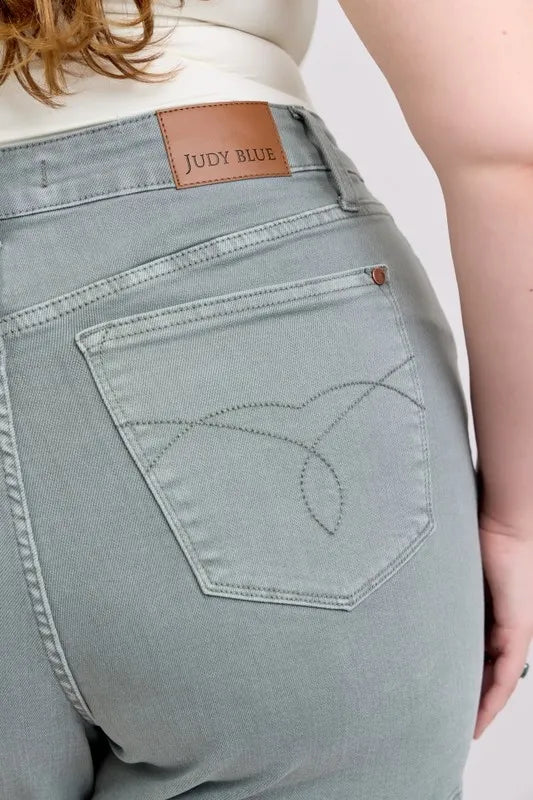 Judy Blue Stone Blue Hw Garment Dyed & Back Pkt Embroidery Shorts Plus Size