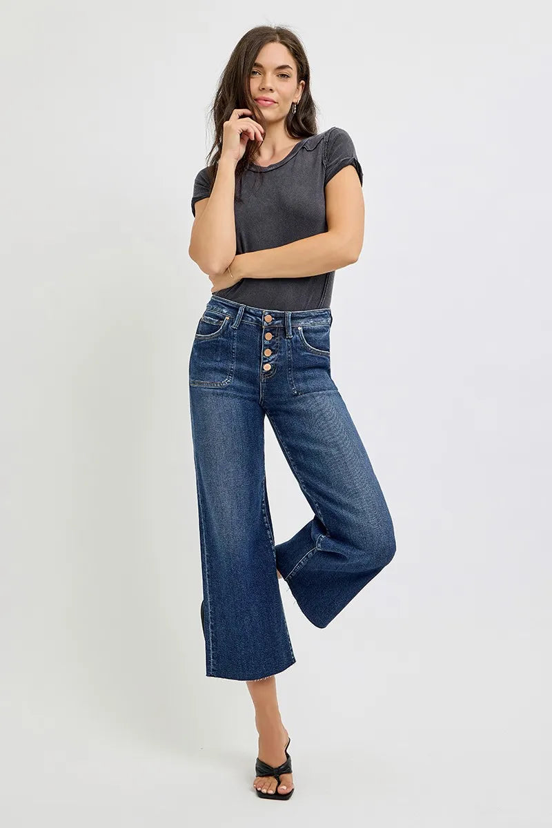 RISEN Dark Washed High Rise Crop Wide Button Down Jeans