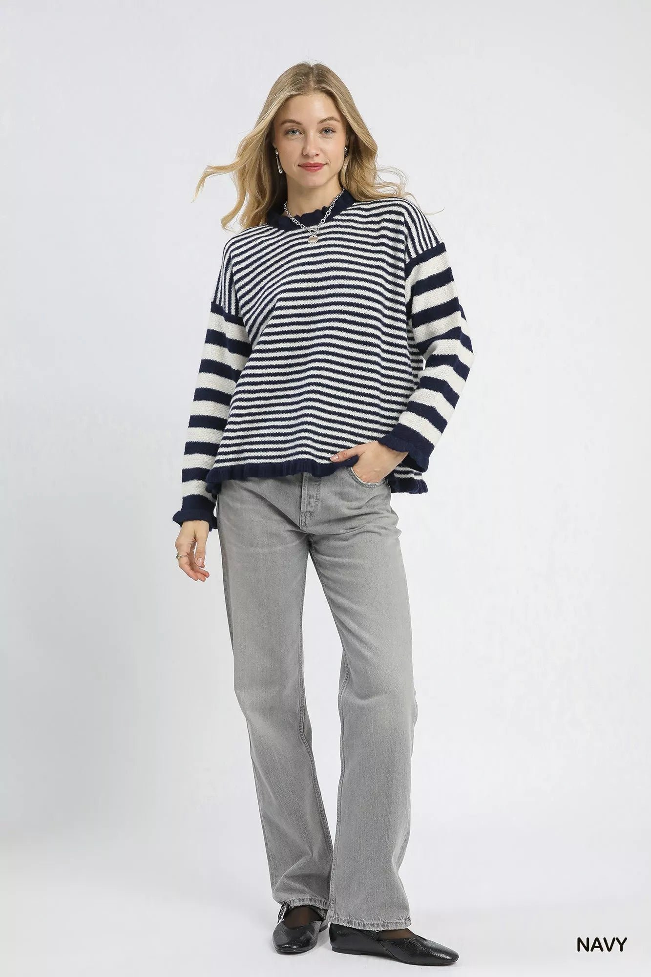 Umgee Ruffle Neck Navy Stripe Sweater