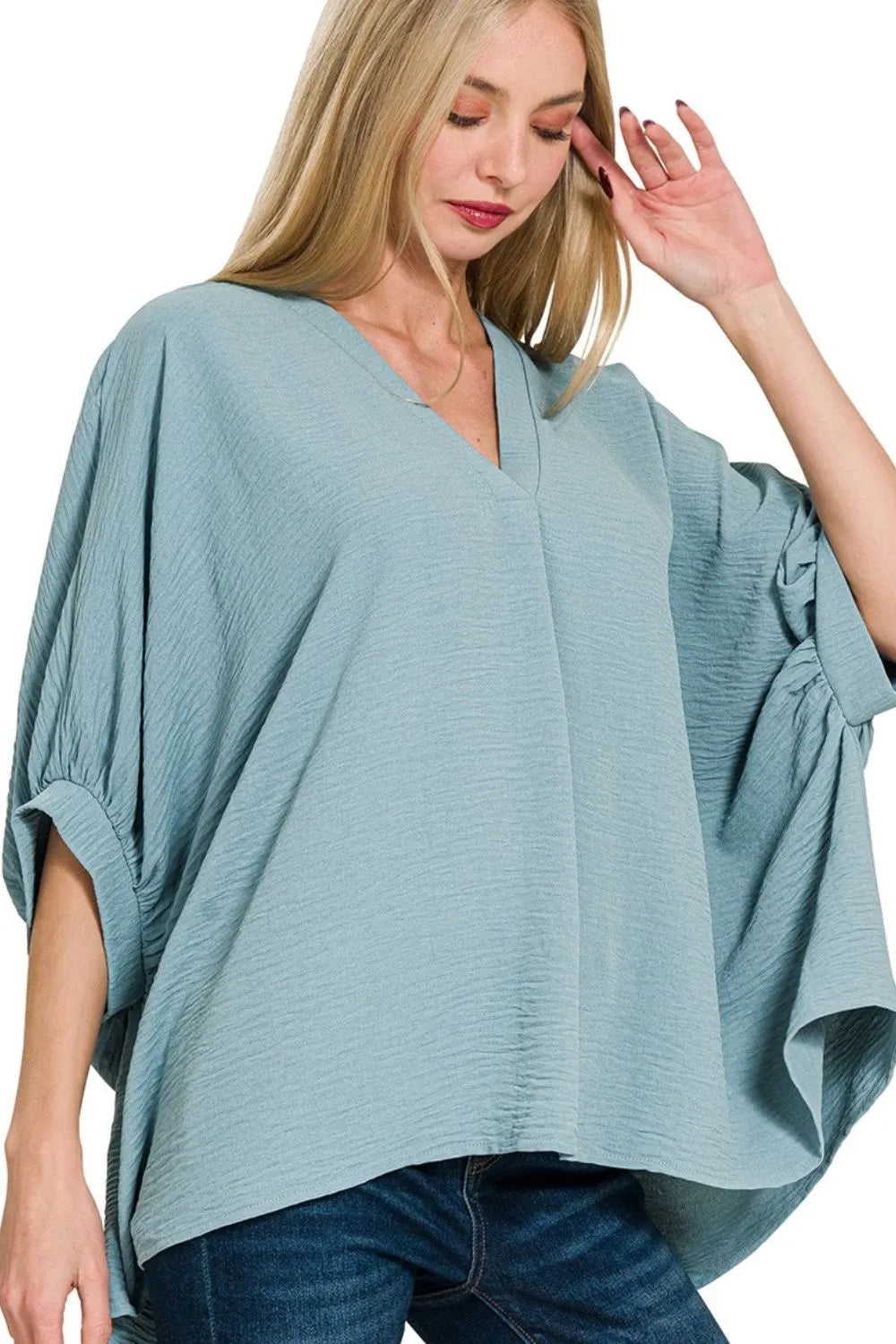 Zenana Blue Gray Woven Airflow V-neck Puff Half Sleeve Top