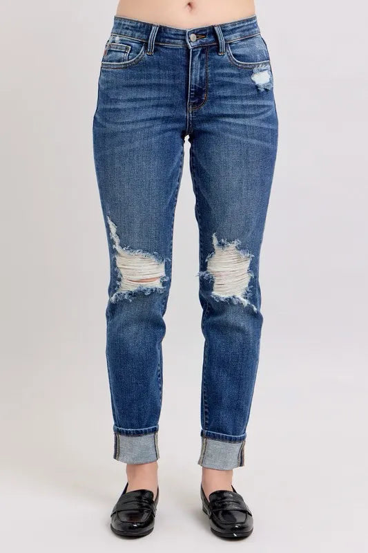 Judy Blue Dark Washed Midi Rise Boyfriend Destroyed Jeans with Yoke Pockets and Faux Selvedge Cuff