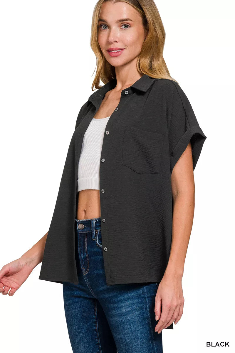 Zenana Black Woven Airflow Button Down Shirt Plus Size