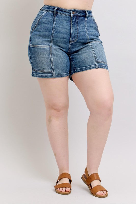 Judy Blue Medium Washed High Rise Utility Mid Length Denim Shorts