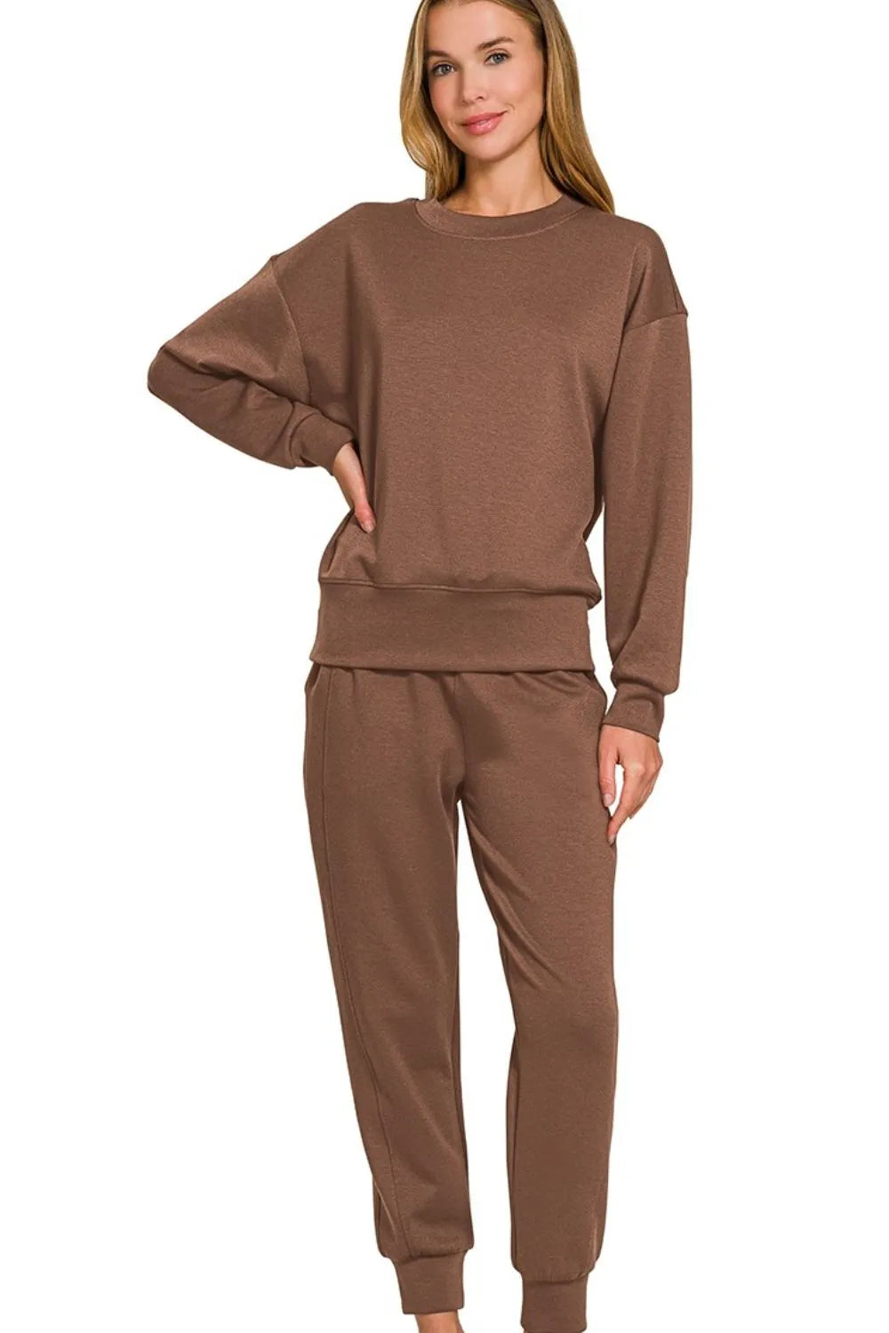Zenana Brown Scuba Crewneck Pullover & Joggers 2 Piece Set BROWN
