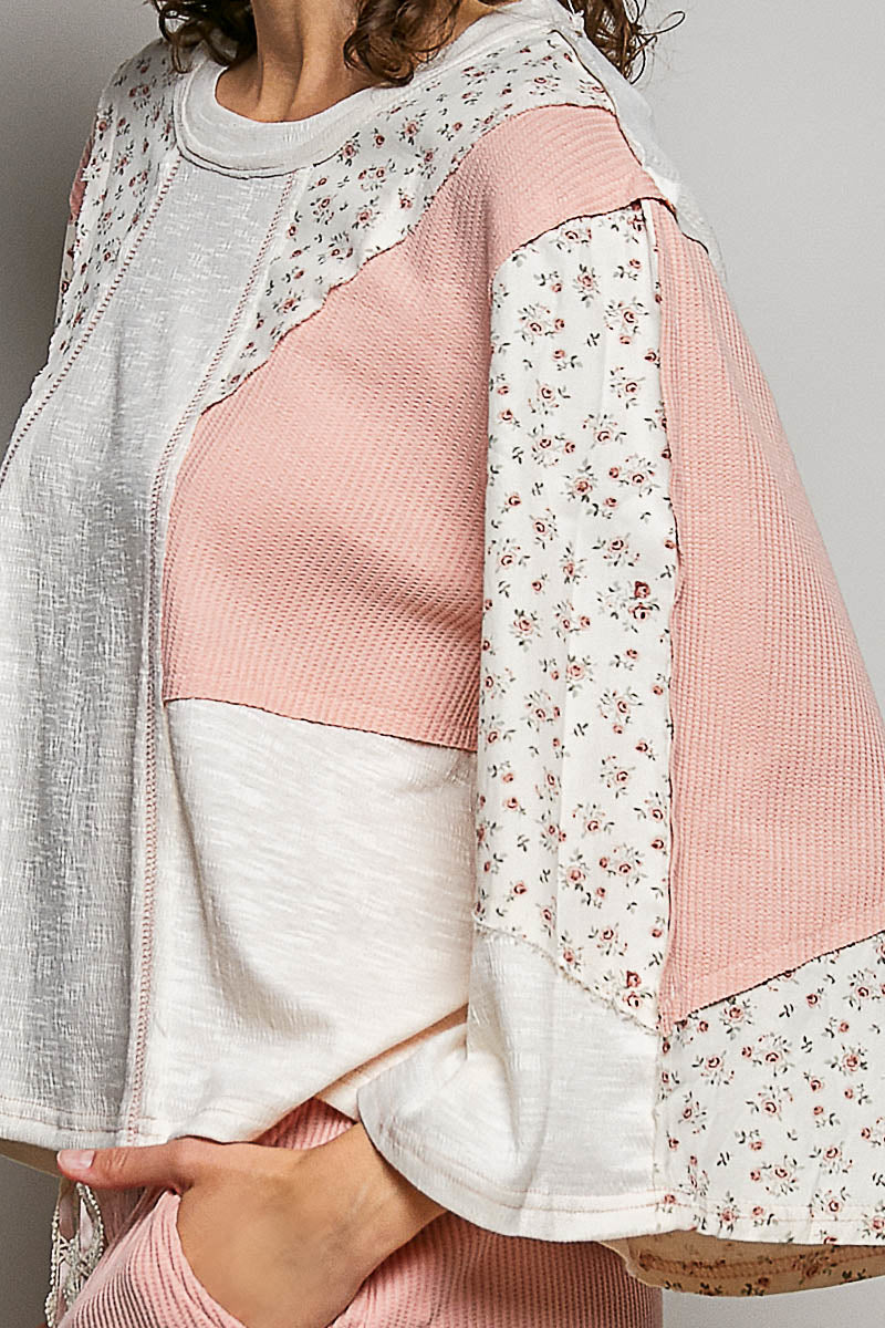 POL Natural Exposed Seam Floral Patchwork Round Neck Textured Slub Knit Top