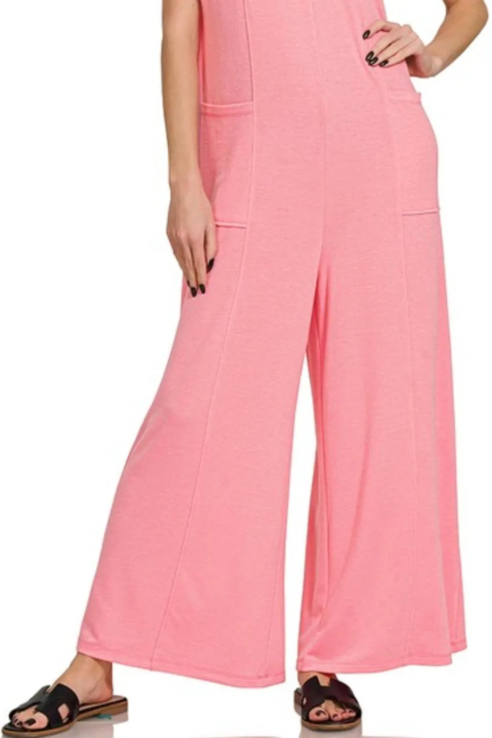 Zenana Dark Pink French Terry Deep V Neck Jumpsuits