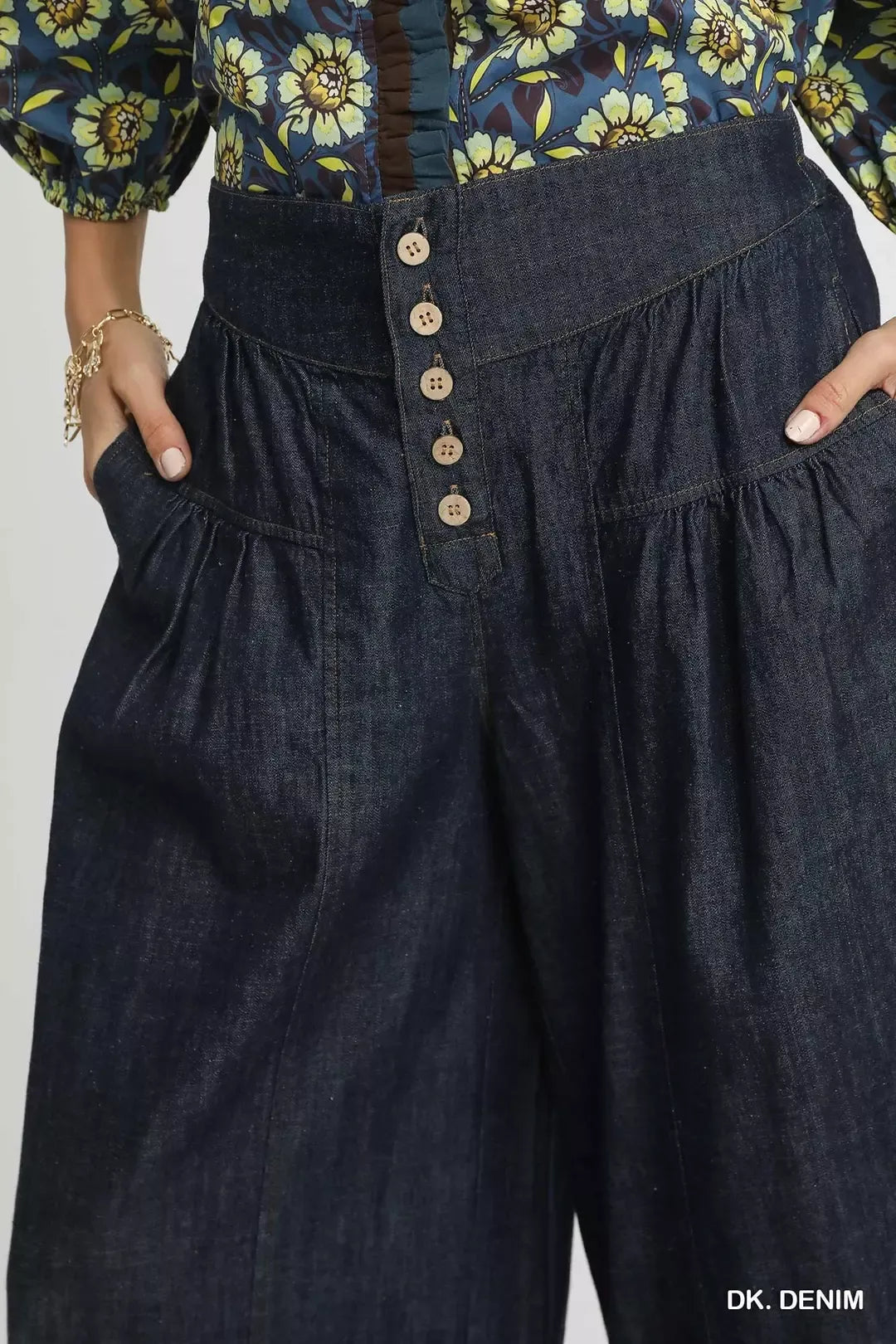 Umgee Dark Denim Stone Washed Wide-Leg Button-Front Culottes