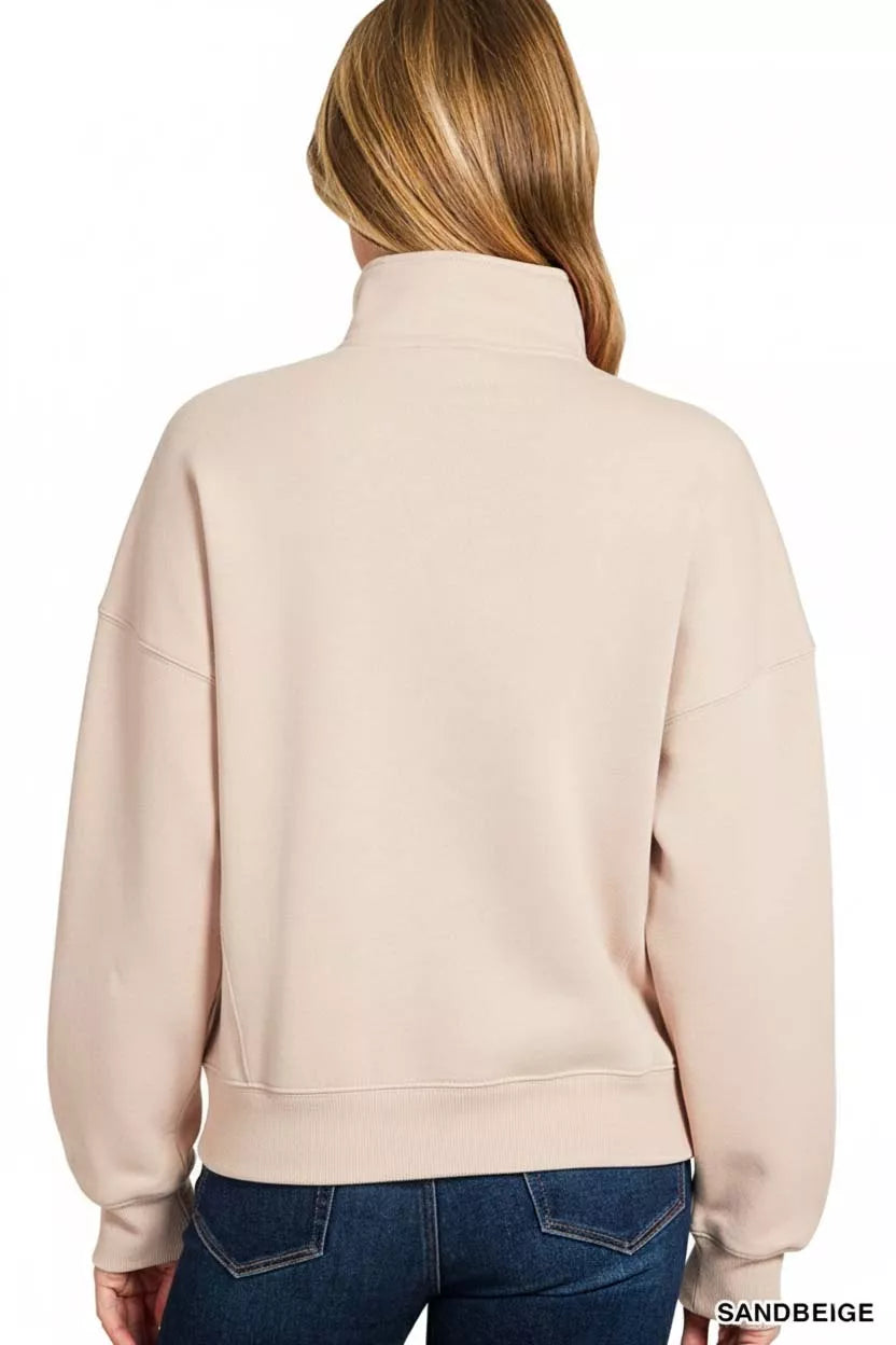 Zenana Sand Beige Fleece High Neck Half Zip Sweatshirt