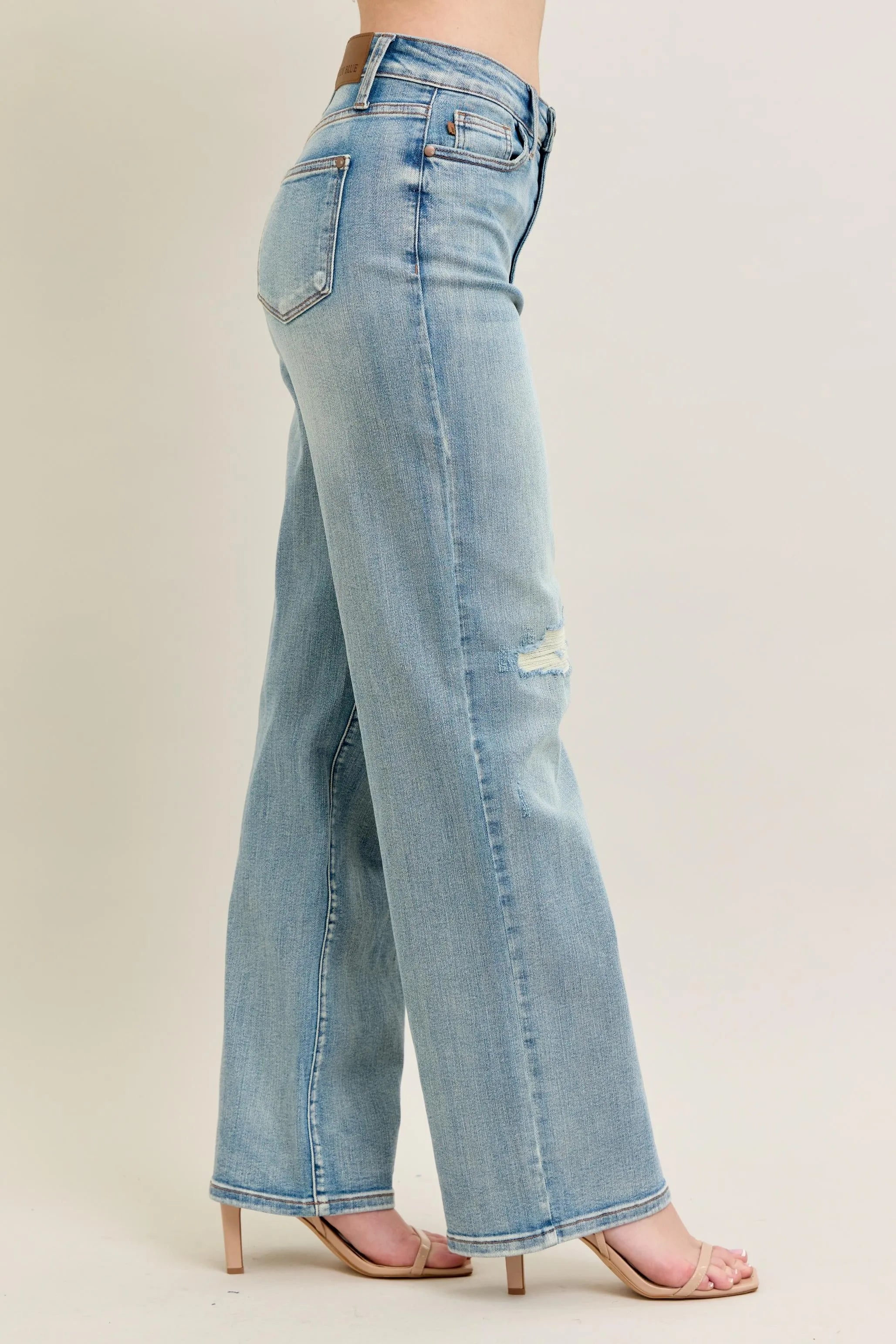 Judy Blue Waisted Distressed & Knee Patch Straight Jeans