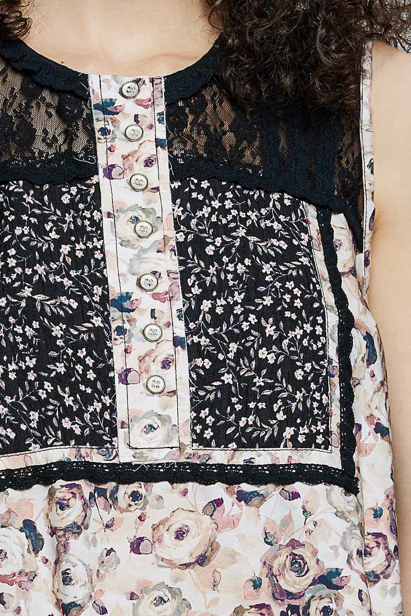 POL Black Printed Woven Lace Back Round Neck Sleeveless Top