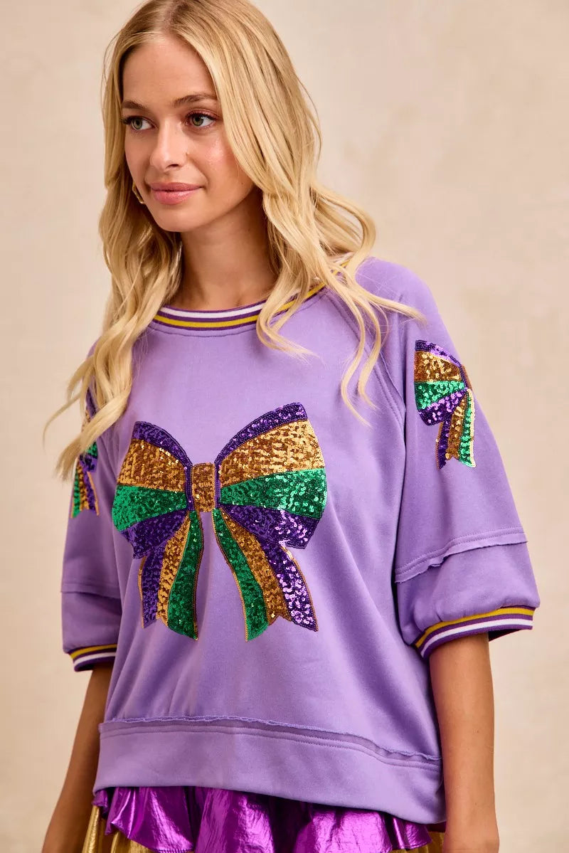 BiBi Lavender Mardi Gras Theme Ribbon Sequin Patched Top