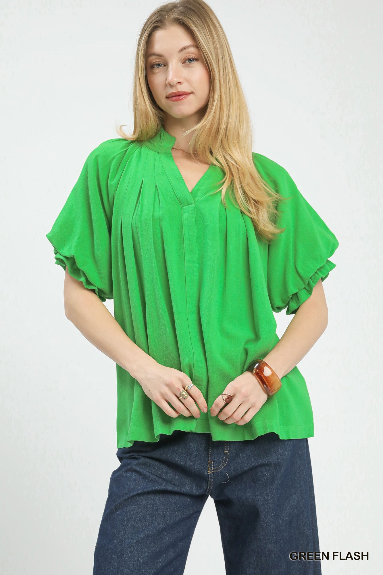 Umgee Green Flash Linen V-Neck Flutter Sleeve Top GREEN FLASH