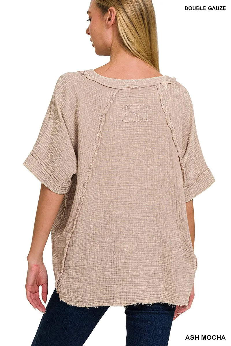 Zenana Ash Mocha Washed Double Gauze Exposed Seam Raglan Short Sleeve Top