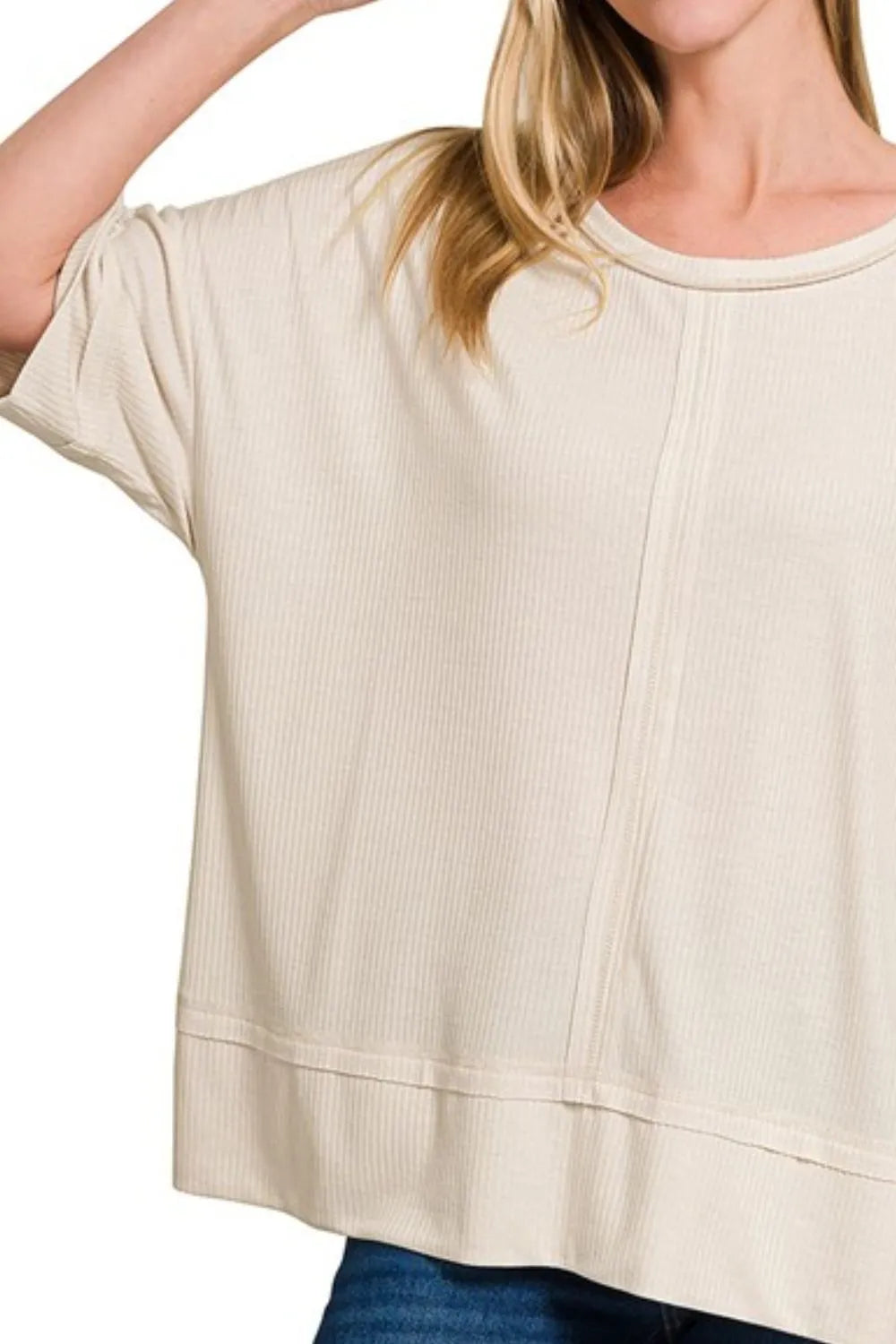Zenana Sand Beige Ribbed Boat Neck 3/4 Sleeve Top