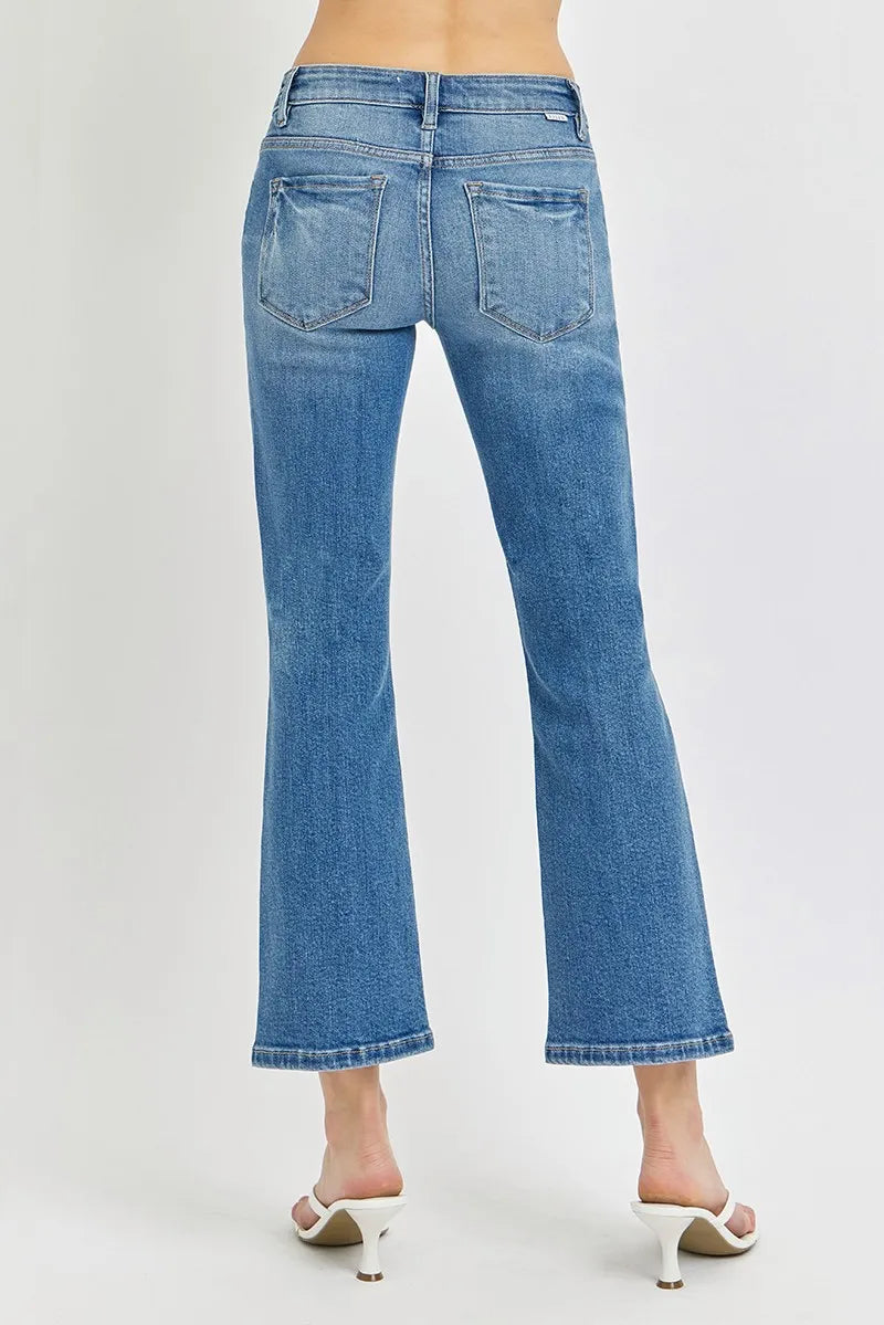 RISEN Medium Washed Low Rise Crop Flare Jeans