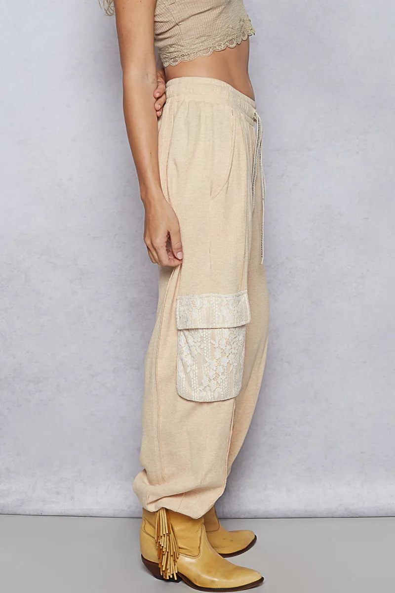 POL Apricot Contrast Lace Overlay Pocket Patch Thermal Knit Joggers