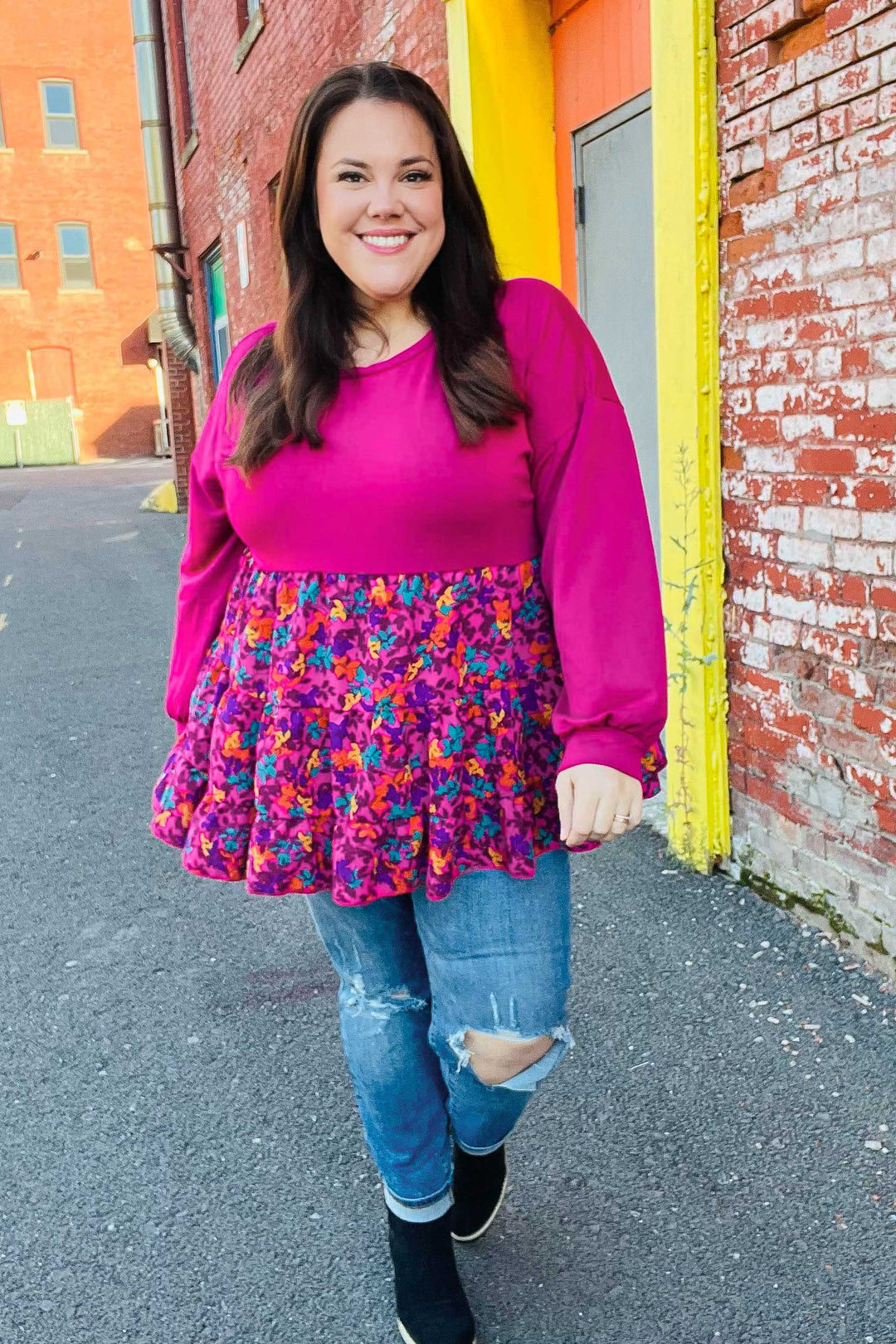 Haptics Berry Drop Shoulder Long Sleeve Babydoll Twofer Top