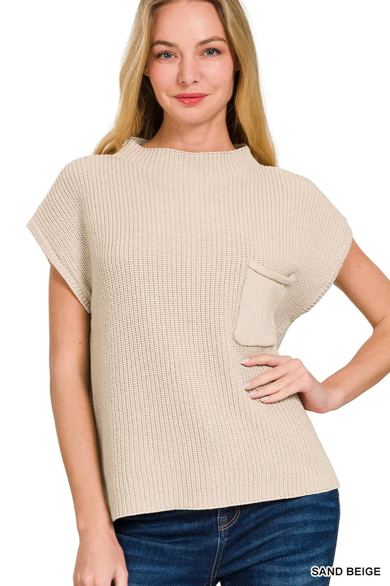Zenana Sand Beige Mock Neck Short Sleeve Sweater
