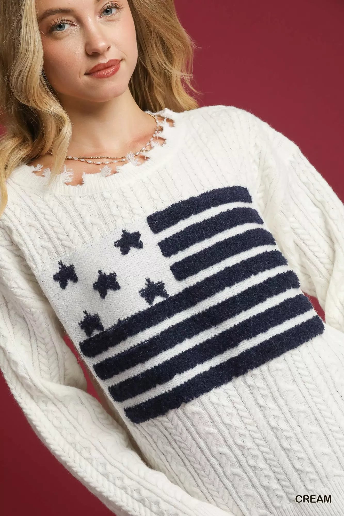 Umgee Cream Distressed American Flag Sweater