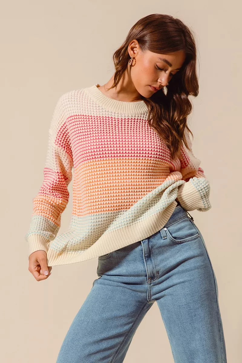 SO ME Oatmeal Combo Multi Color Block Long Sleeve Sweater