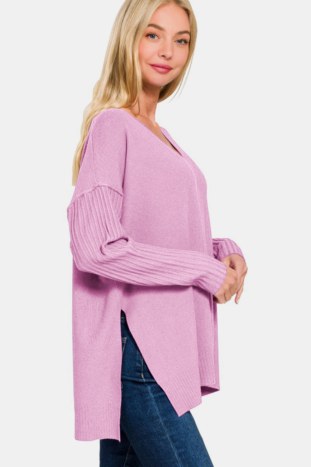 Zenana H Mauve Viscose Hem & Sleeve V-Neck Side Slit High-Low Sweater Shirts & Tops