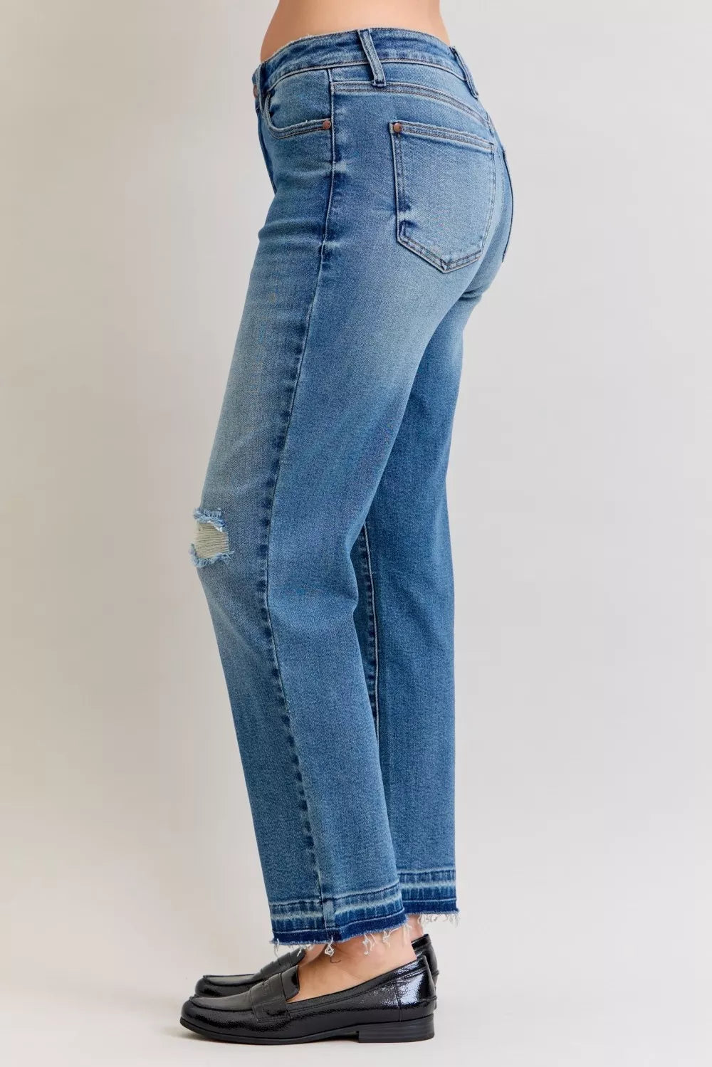 Judy Blue Mid Rise Boyfriend Patch & Repair Destroyed Release Hem Jeans