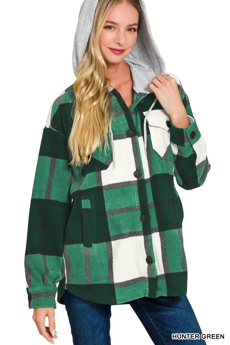 Zenana Hunter Green Plaid Drawstring Hooded Fleece Shacket