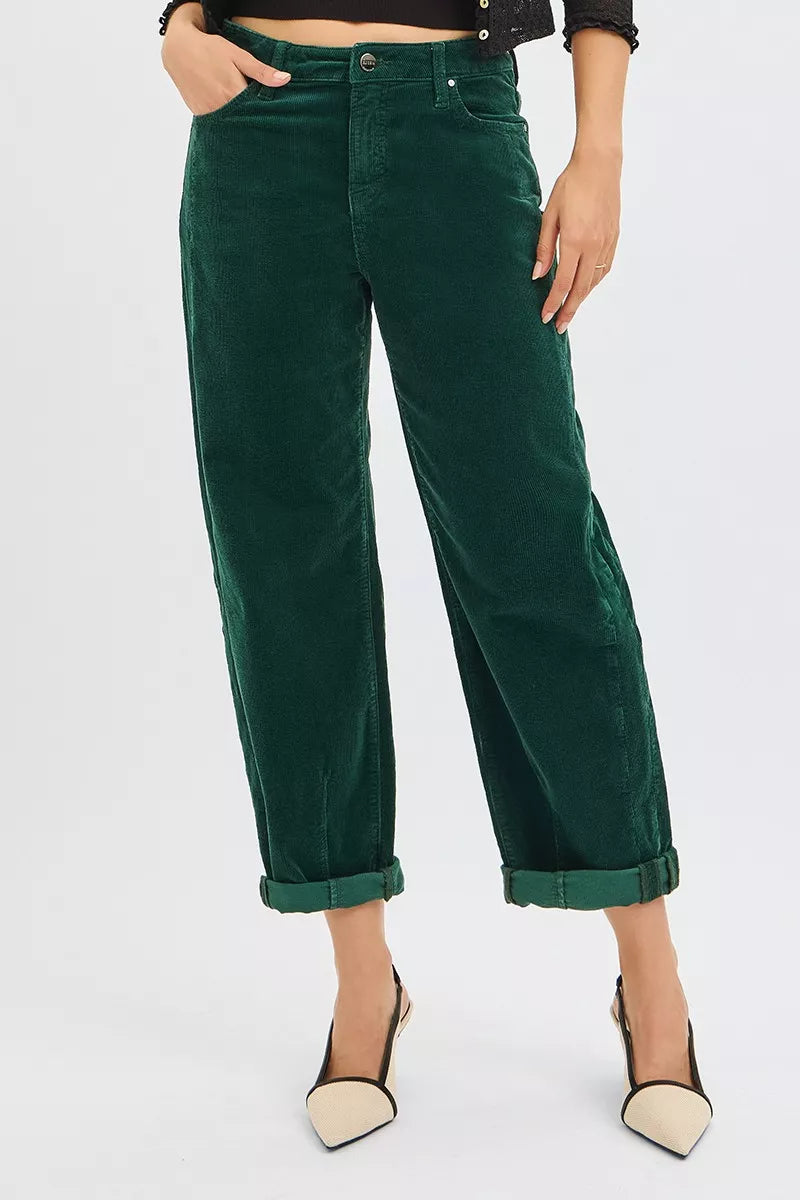 RISEN Hunter Green High Rise Crop Barrel Cordurory Pants