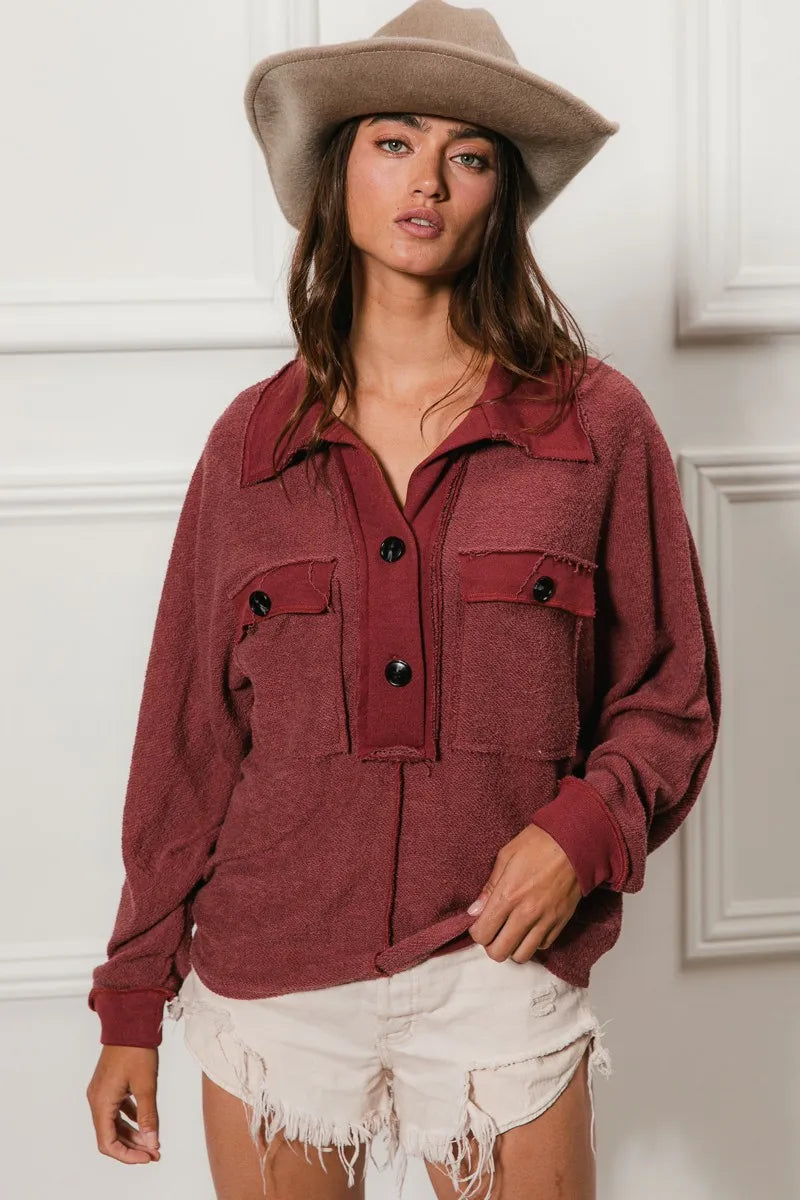 BiBi Marsala French Terry Cut Edge Detail Collared Long Sleeve Top