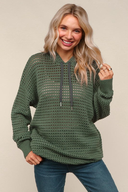 Haptics Fishnet Drawsting Olive Oversized Pullover Hoodie