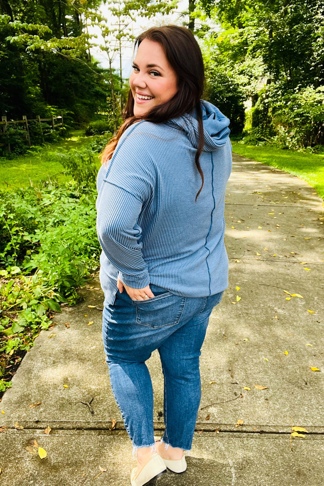 Haptics Vintage Denim Jacquard Textured Washed Ribbed Hoodie Shirts & Tops