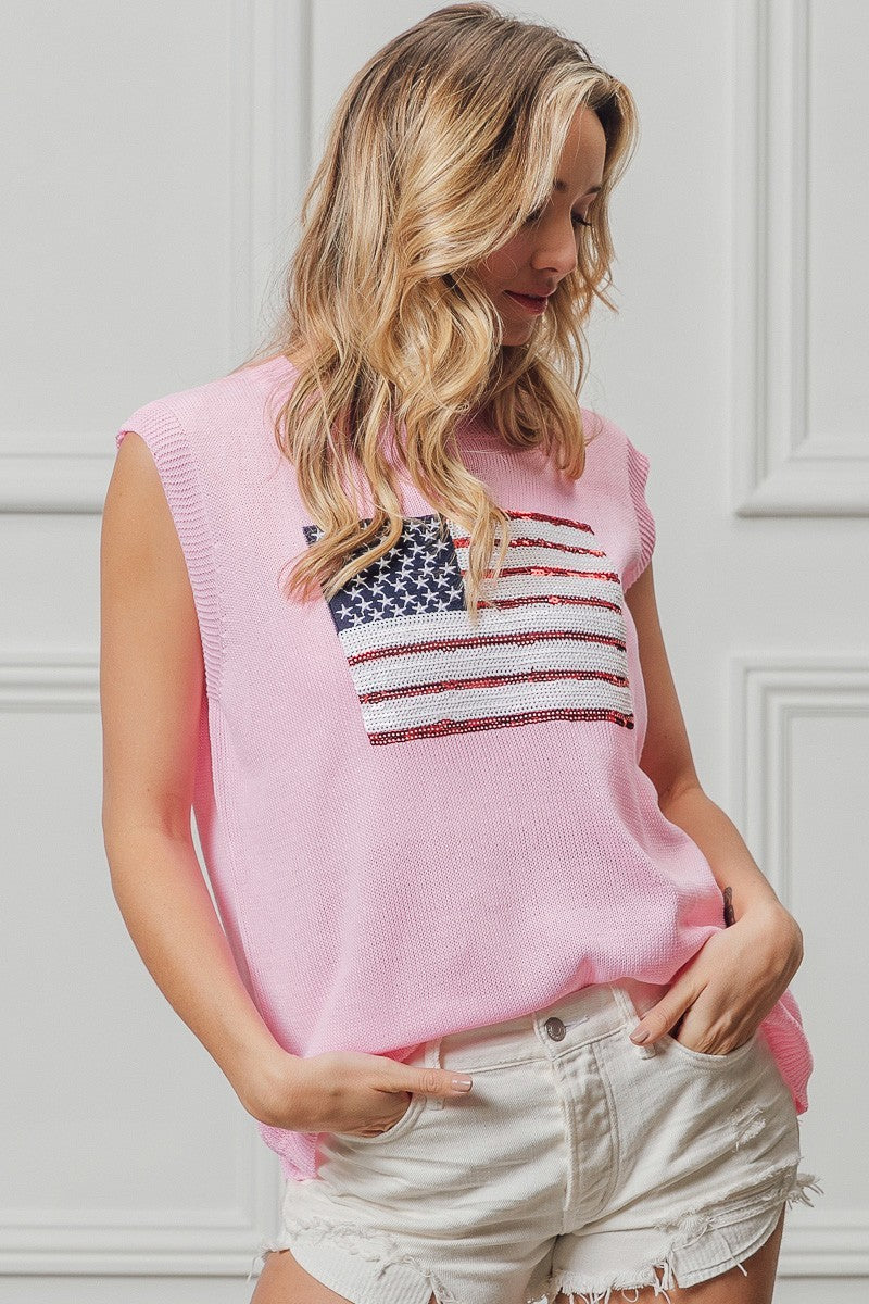 BiBi Pink American Flag Sequins Patch Knit Top