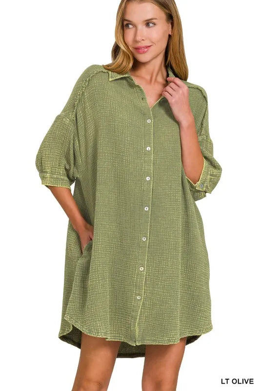 Zenana Light Olive Washed Double Gauze Button Down Shirt Dress