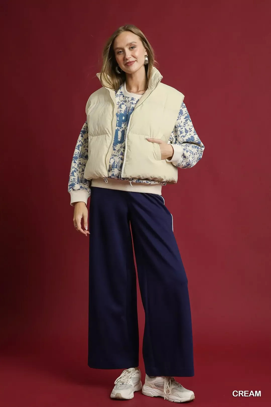 Umgee Cream High Neck Puffer Vest with Zip Front