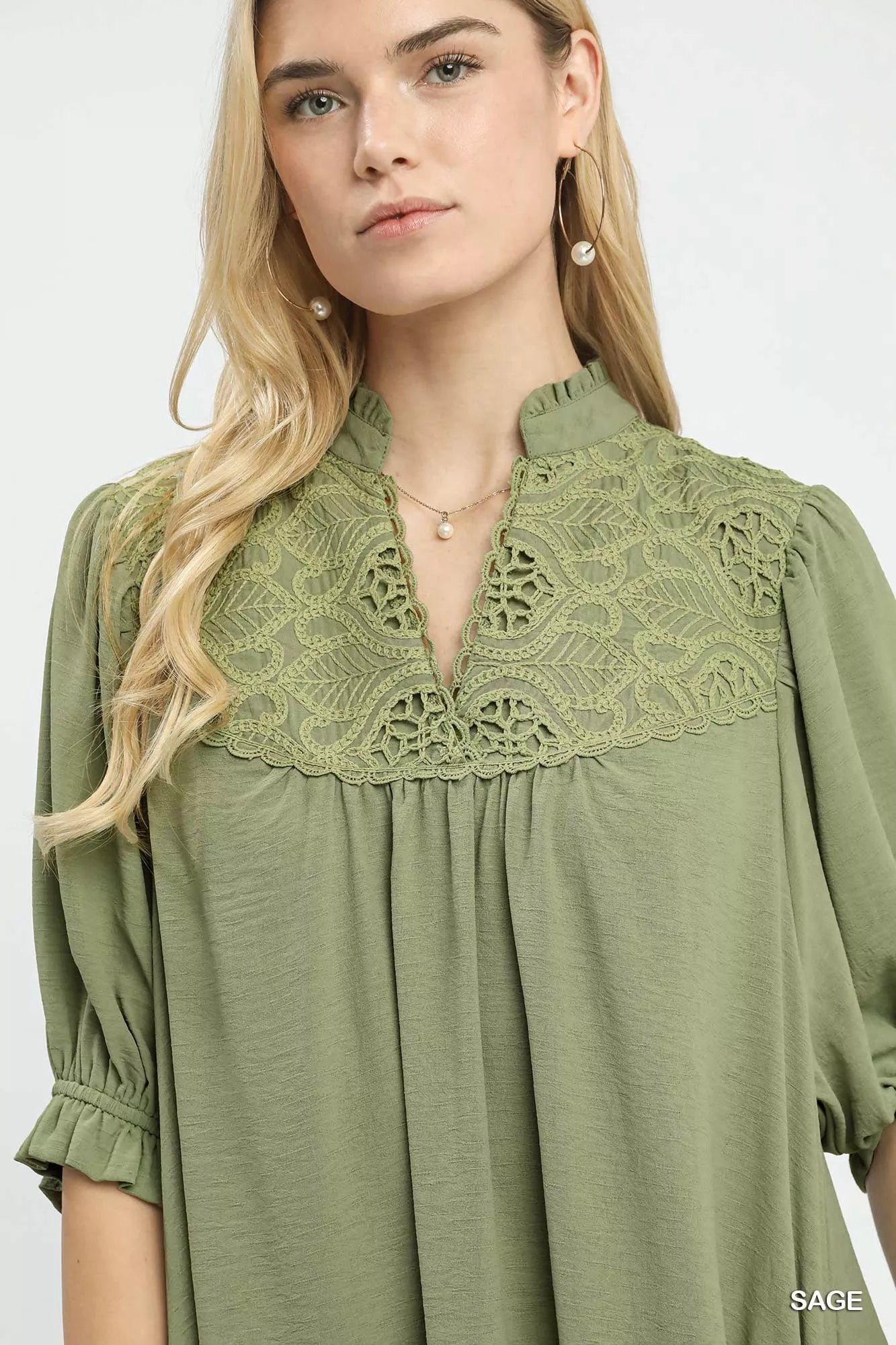 Umgee Sage Lace Yoke Tiered Mini Dress