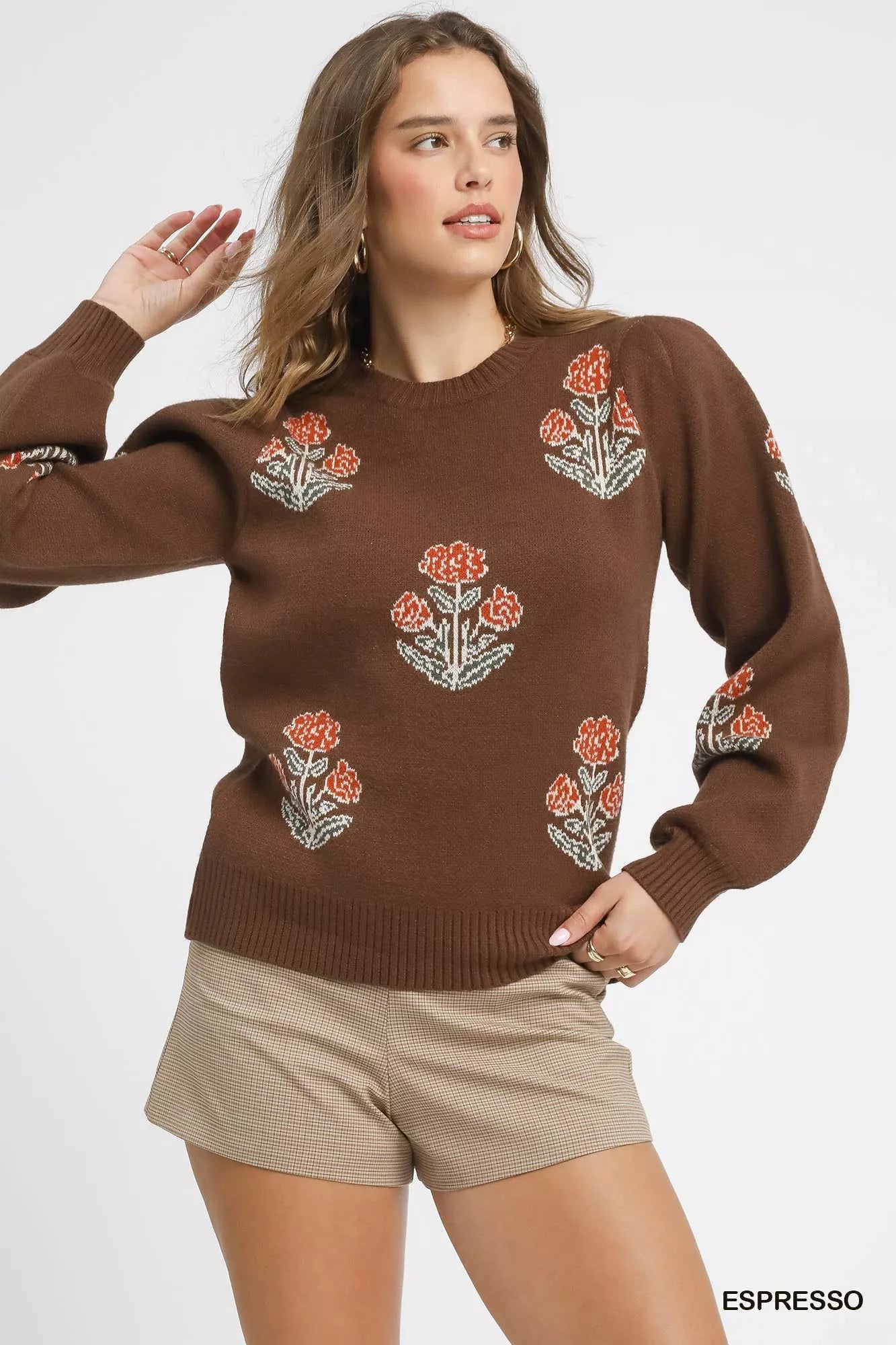 Umgee Espresso Floral Knit Sweater with Puff Sleeves ESPRESSO