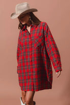 SO ME Christmas Checker Plaid Button Up Shirt Dress – Red Multi