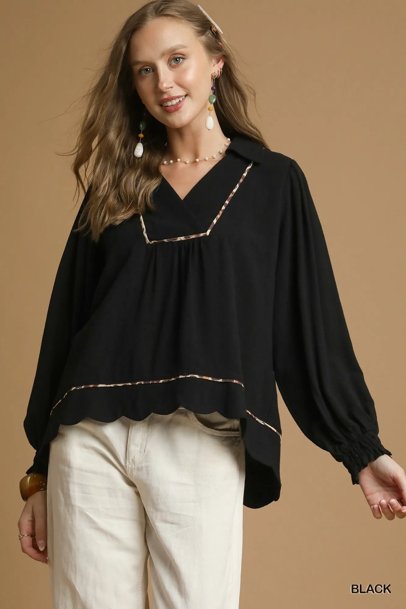 Umgee Black Linen Scallop Hem Blouse with Contrast Trim Black