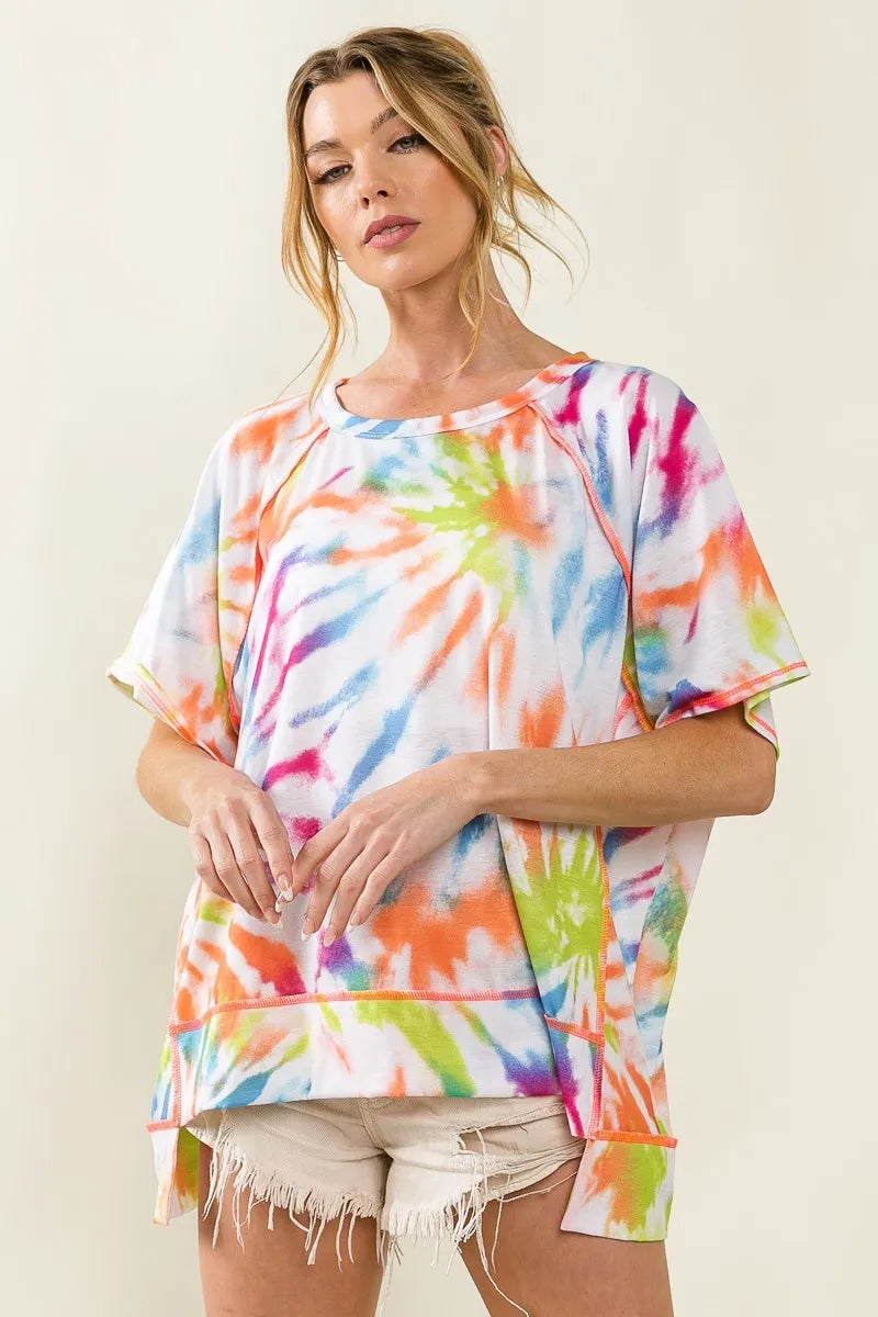 BiBi Tie Dye Print Jersey Stitched Uneven Hem Top