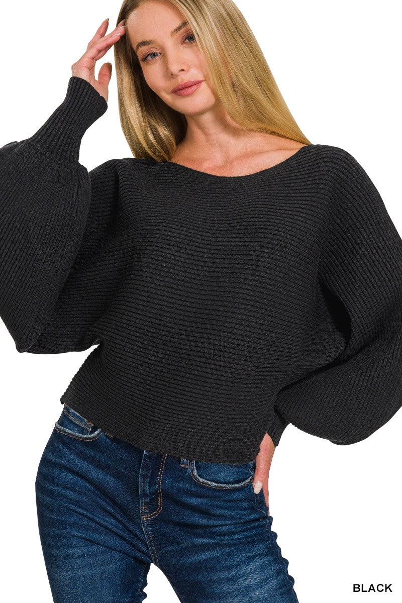 Zenana Black Boat Neck Balloon Sleeve Sweater