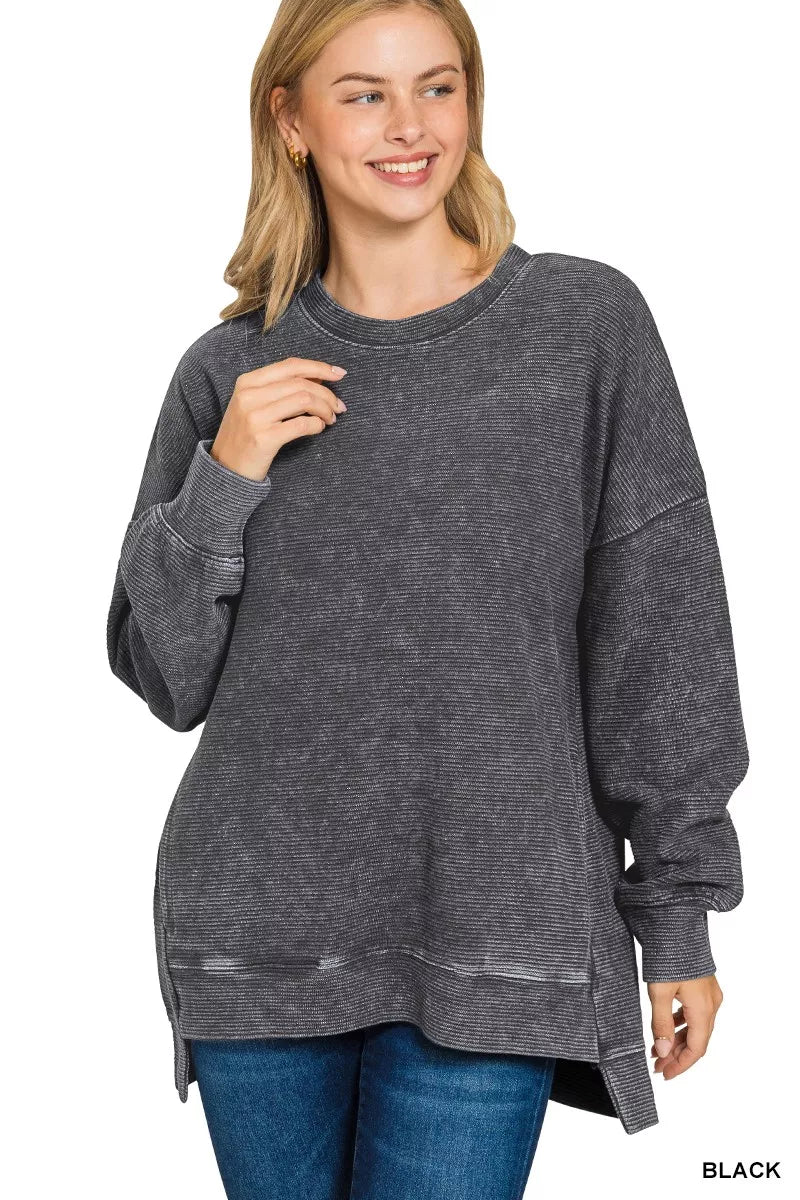 Zenana Black Acid Washed Double Ribbed Hi-low Sweatshirt