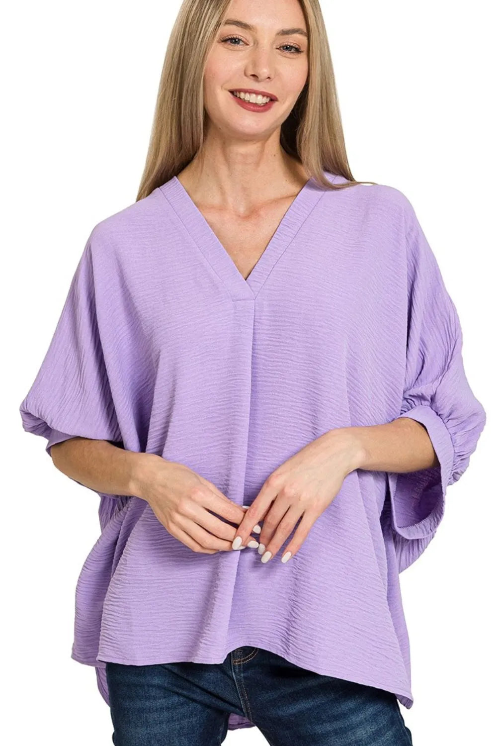 Zenana Lavender Woven Airflow V-neck Puff Half Sleeve Top