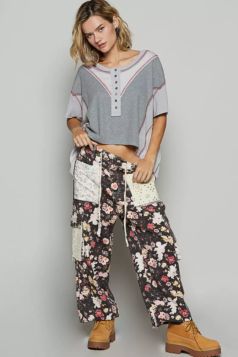 POL Round Neck Short Sleeve Contrast Stitching Top with Back Strap Detail